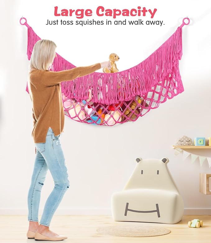 Stuffed Animal Hammock - Extra Large 63'' Long (Rose red) | Premium Cotton Hand-knitted, Beautiful Long Tassel, Storage Hanging Organizer, Can Fit Stuffed Animals 40 Piece or More