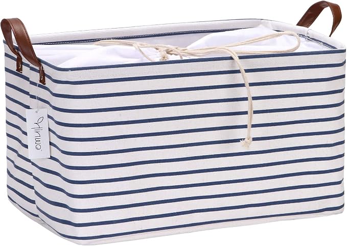 Hinwo 31L Large Canvas Storage Bin with Lid and Handles | Collapsible Fabric Basket, Closet Shelf Organizer, Container for Clothing, Blankets, Toys, Bedding (Navy Stripe)