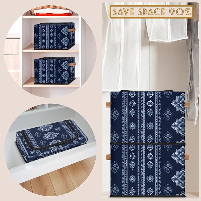 Storage Bins With Zipper Lid, Collapsible Trunk Organizer, Car Organizers and Storage Bins with Lids, Decorative Storage Boxes with Handle, Home Storage Baskets (Tribal-floral Vintage Blue)