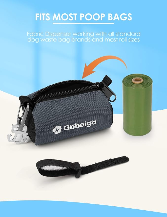Gobeigo Dog Poop Bag Holder with Used Waste Bag Carrier(Gray) | Large Opening for Easy Dispensing, Carabiner & Hook-and-Loop Strap Fits Any Leash, Includes 15 Unscented Waste Bags