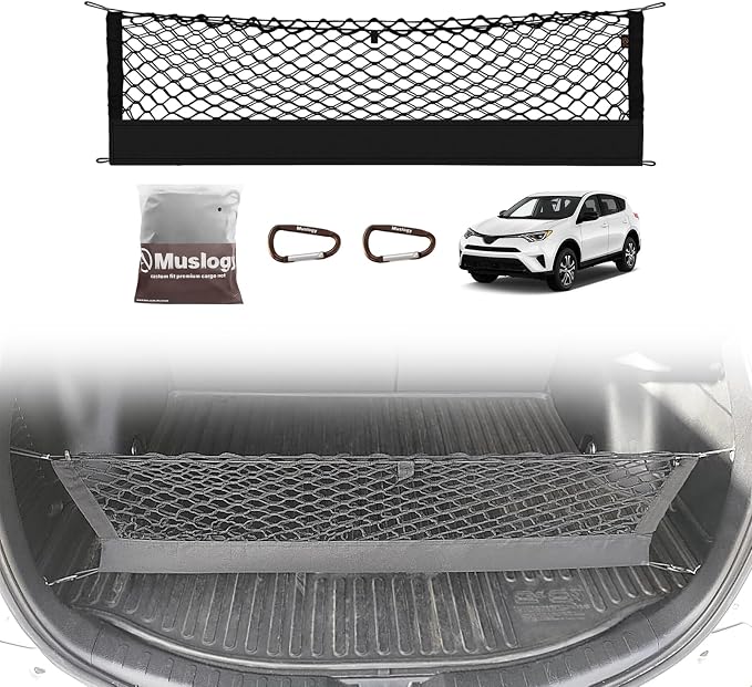 Muslogy Cargo Net for Toyota RAV4 2013-2018 Accessories | Custom Fit, Trunk Storage Organizer Net for SUV Sedan Van Divider, with Heavy Duty Carabiners, Night Visible Grab Handle
