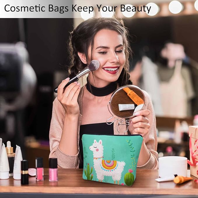 Makeup Bag Llama Makeup Bags For Purse Pouch, Funny Llama Alpaca Cactus Floral Green Travel Toiletry Bag Cosmetic Bag Makeup Bags Flax Makeup Organizer Bag Pencil Pouch For Man Woman