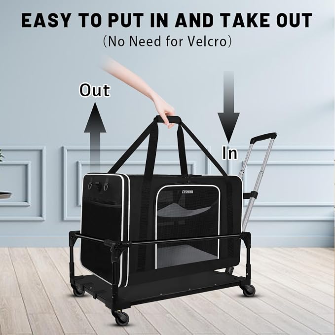 Foldable Wheel Base Cart Compatible with 24" L × 17" W Pet Carrier | Easy to Load & Unload the Carrier, Roll and 360° Swivel Smoothly, Removable Silent Wheels, for Car Travel, Vet