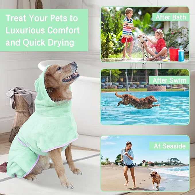 Pet Bathrobe for Dog Cat Absorbently Quick Drying Coat Cute Dogs Bath Towel Hooded Robe Adjustable Collar & Belly Strap for Pool Beach (Green, Medium)