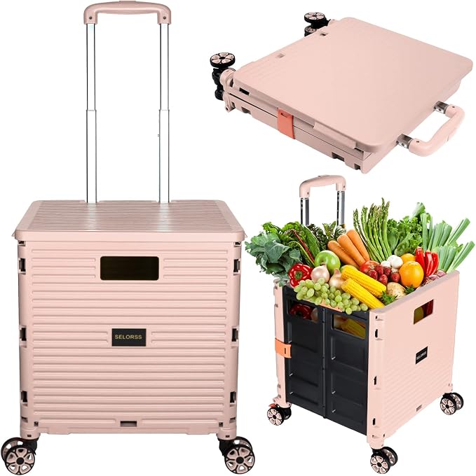 Foldable Utility Cart Portable Collapsible Crate Rolling Carts with Wheels Rolling Tote Basket Teacher Cart with Lid Wear-Resistant 360°Rotate Wheel Noiseless for Shopping Storage Office Use