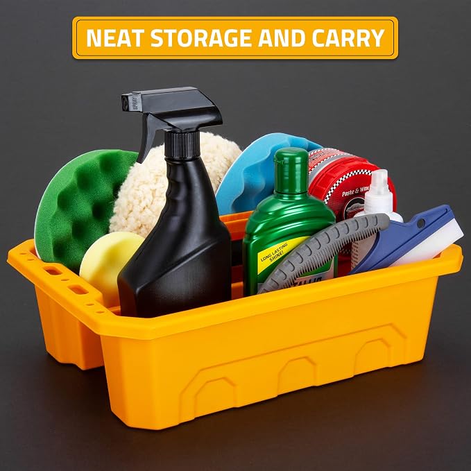 CANOPUS Storage Tray Tote with Functional Holes - 2 PCs Plastic Cleaning Caddy with Handle, Portable Caddy, Undersink Storage for Kitchen, Shoe Cleaning Box, Products Organizer, Yellow