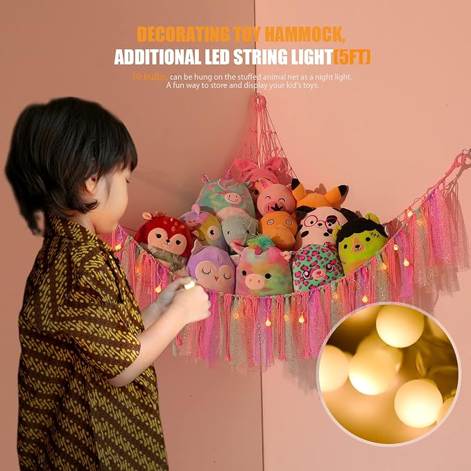 Stuffed Animal Storage Macrame Boho Plush Toy Net Hammock Room Decor | Stuffed Animals Hammock Plushie Net for Stuffed Animals Corner Hanging Holder Teddy Bear Net for Kids Girls Room Decor
