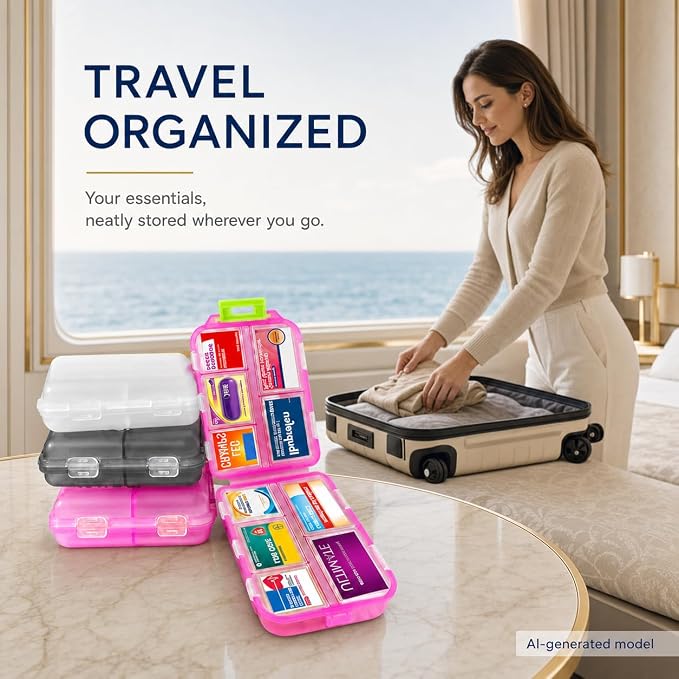 3 Pack Large Pill Organizers with Medicine Labels, Pink White Grey | Set of 3 large pill cases with 3x161 medicine labels for 7-day planning, family use, travel, and separate routines