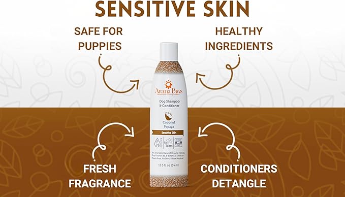 Dog Shampoo and Conditioner - Aromatic Tearless Shampoo for Cleansing, Grooming, and Conditioning Sensitive Skin - Moisturizing Shampoo for Dogs and Puppies - Coconut Papaya 13.5 oz