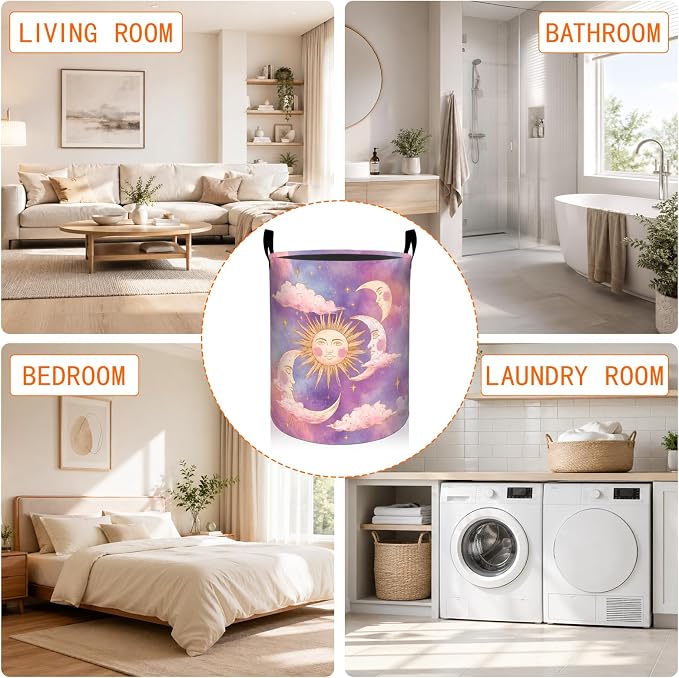 Sun and Moon Laundry Basket, Cloud Star Sky Purple Pink Oxford Cloth Dirty Clothes Collapsible Hamper for Room Decor, Celestial Gifts, Toy Organizer 19.7 x 15.7 Inches for Bedroom Bathroom Dorm