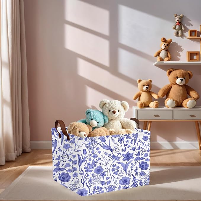 Chinoiserie Rectangle Storage Basket, Blue | Gift Basket Collapsible, Toy Bin, Nursery Playroom Bedroom Decor, Baby Child