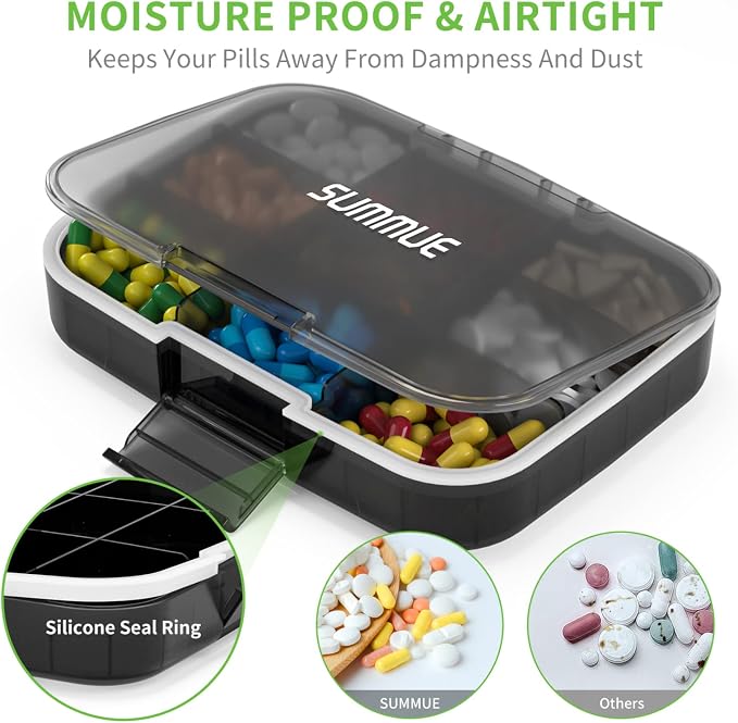 Large Pill Organizer, 9 Compartments Portable Travel Pill Box Case Moisture Proof, XL Pill Container Holder for Vitamins, Cod Liver Oil, Supplements, Medication (Black)