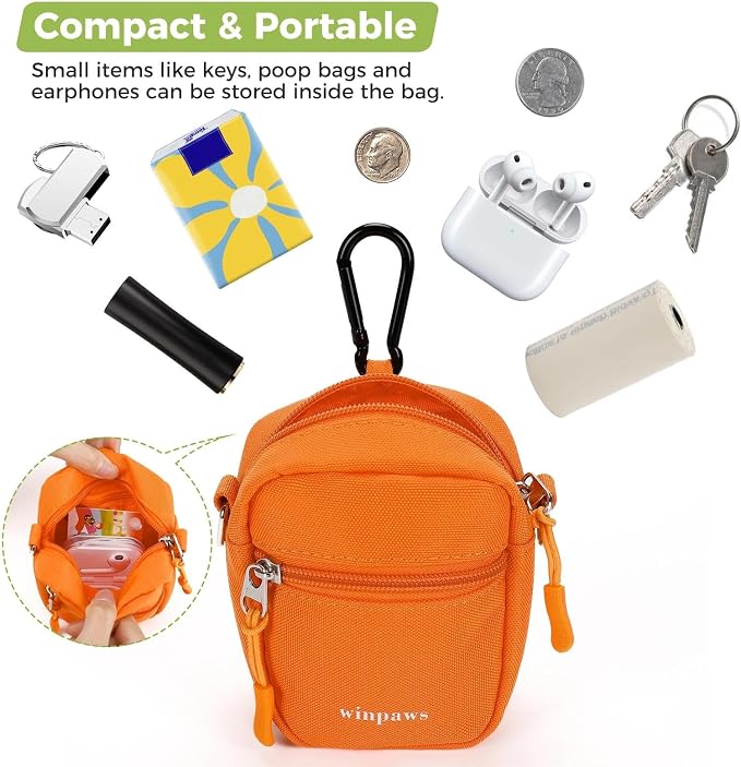 Dog Treat Pouch with Poop Bag Holder, Small Crossbody Bag for Puppy Training and Walking, Shoulder Strap Can Use as Dog Leash- Pet Travel Accessories, Metal Carabiner Attached (Orange) | 900D Oxford Fabric