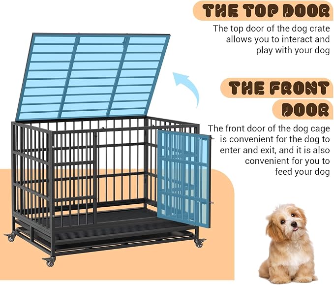 GarveeLife 42inch Heavy Duty Dog Crate, Foldable Indoor Dog Cage with Double Door, 360° Lockable Wheels and Removable Tray, Easy to Clean and Assembly，for Small Medium Dogs