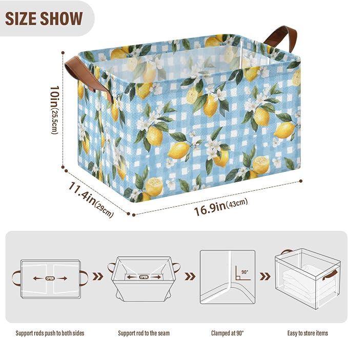 Light Blue Checkered Floral Lemon Storage Basket Foldable Cube Storage Bins with Handles&Label Waterproof Collapsible Organizer Box Bin Large Rectangle Decorative Baskets for Shelves Home Room Laundry