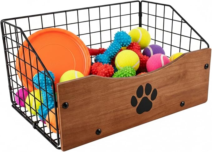 Dog Toy Basket, Wooden Dog Toy Box with Metal Wire Bin, Foldable Pet Toy Storage Organizer with Paw Print Design, Open Dog Toy Holder for Toys, Cat Toys, Blankets, Leashes and Treats, Walnut Brown