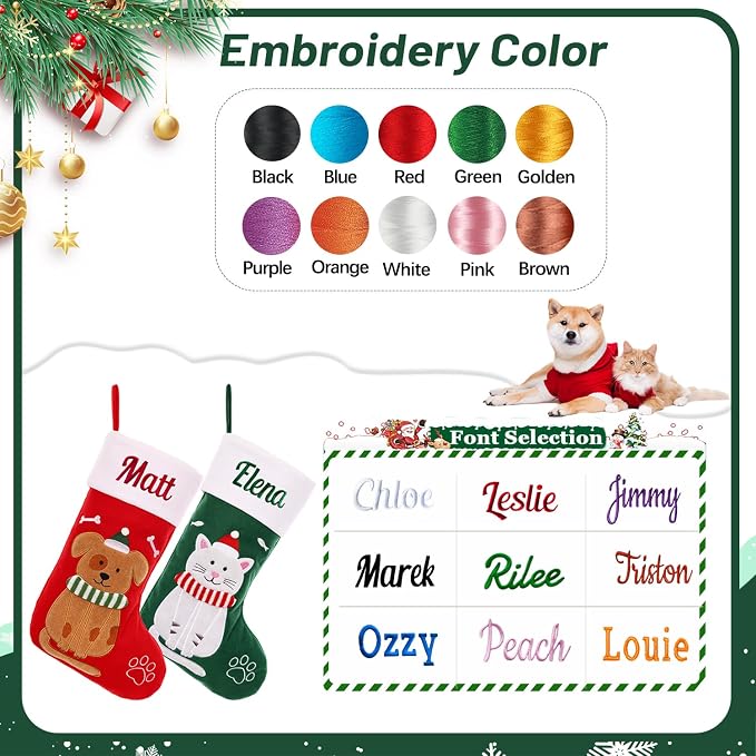 Personalized Christmas Stockings for Dogs Cats, Custom Pet Christmas Stockings with Embroidered Name, Red Green Dogs Cat Xmas Stockings for Holiday Decoration (1 Pcs)