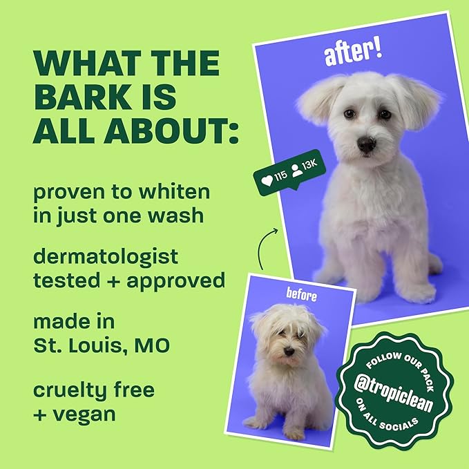 TropiClean Whitening Dog Shampoo, Whitening & Brightening, For All Coat & Color Types, Puppy Safe, Made in the USA, Cat Friendly, 20oz.