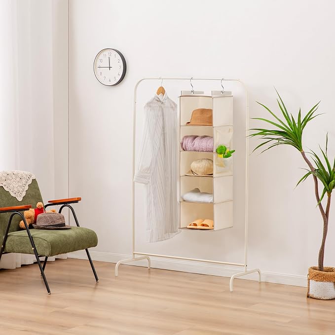 YOUDENOVA Hanging Closet Organizer and Storage for Clothes, 5-Shelf, Beige | Locker/RV/Camper Organizer, 2 Side Pockets, Hanging Shelves for Small Closet, Dorm Room Essentials for Guys, Non-woven Fabric