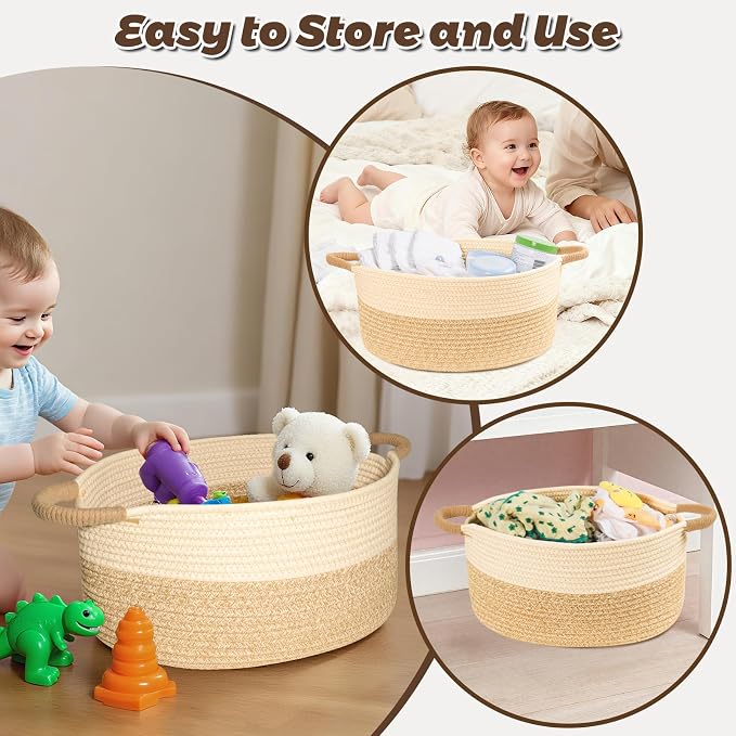 Woven Basket for Toys, Blankets & Gifts Empty ,Cotton Rope Storage Basket with Reinforced Handles for Nursery,Livingroom,Bedroom,Bathroom & Home Decor,19.69" x 11.42" x 7.48" (M)