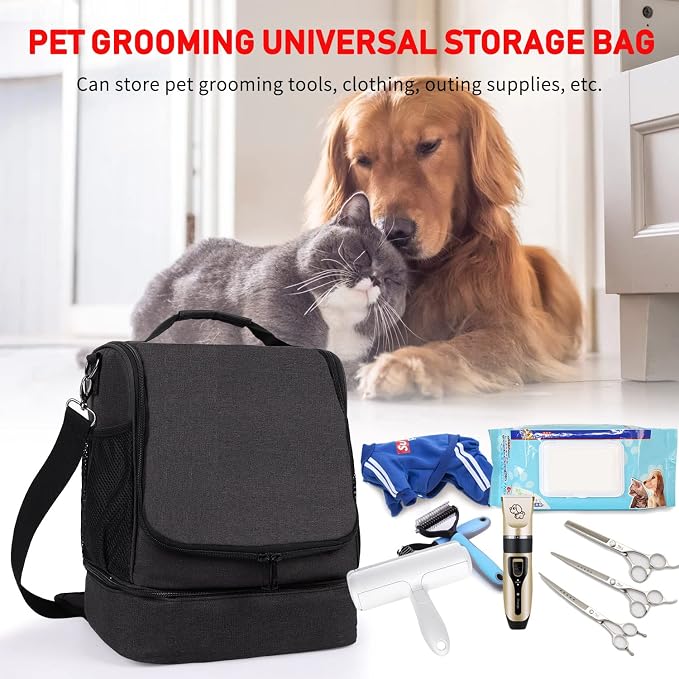 Dog&Cat Grooming Supplies Bag,Adjustable Compartments Grooming Bag for Pet | Wall Mounted Dog Grooming Bag/Cat Grooming Bag for Dog Clippers/Wipes/Hair Remover/Nail Trimmer/Brush/Comb/Shampoo