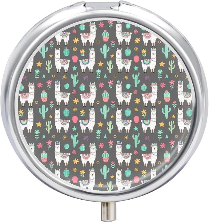 Round Portable 3 Compartment Pill Case Cartoon Llama Alpaca, Metal Pill Holder for Outdoor Travel Picnic Medication