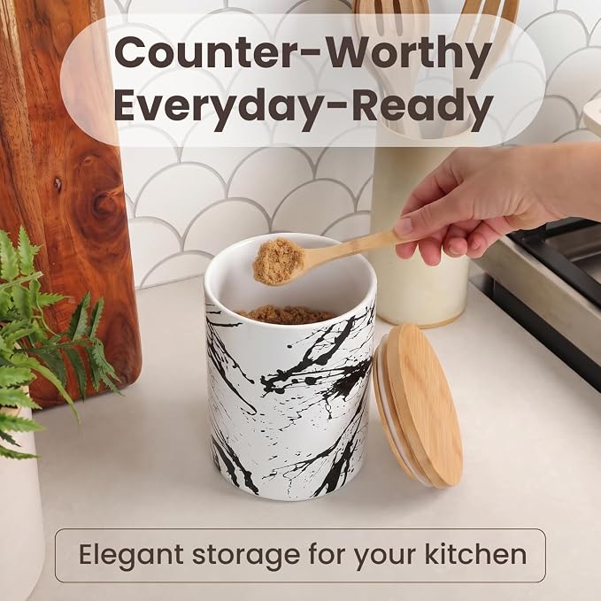 Arthausen Black Splatter Ceramic Storage Jar Canister for Flour Sugar Airtight Bamboo Lid w/Silicone Seal, Spoon - Modern Abstract Art Design for Kitchen Counter Bathroom - 4 cup / 1080mL