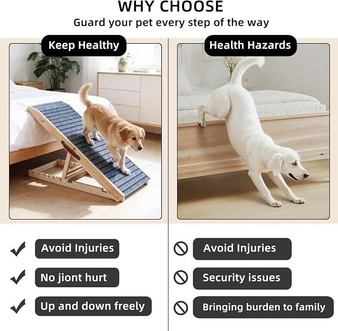 ZJSF Foldable Wooden Dog Ramp for High Bed, Dog Stairs for Small Dogs, High Traction Platform with 6 Adjustable Heights (14"-28"), 48" L, Supports up to 200 lbs