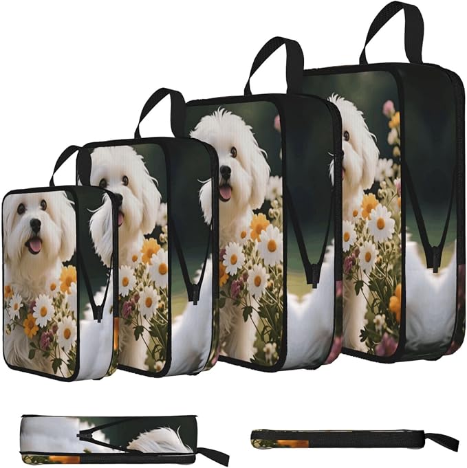 Adorable Maltese With Flowers Dog Compression Packing Cubes Set Of 4, Lightweight Expandable Travel Organizer Bags With Double Zipper For Vacation Business