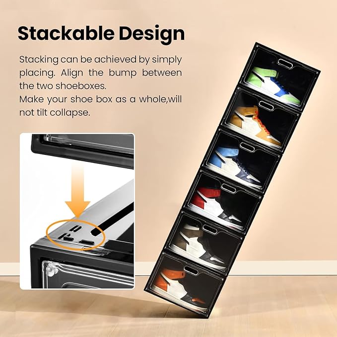 8 Pack Drop Side Shoe Boxes, Large Stackable Shoe Storage, Thick Plastic | Sneaker Storage with Magnetic Door, Shoe Organizer for Closet, Sturdy Shoe Containers, Sneaker display Case Fit up to Size 13