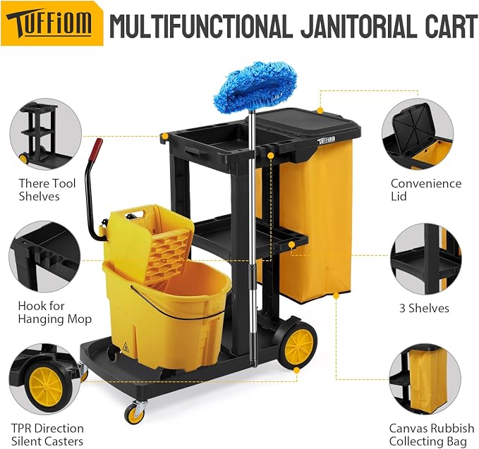 TUFFIOM Commercial Traditional Cleaning 3-Shelf Janitorial Cart, 500 Lbs Capacity Housekeeping Cart, Wheeled with Yellow VinylBag and Cover w Lid, Black