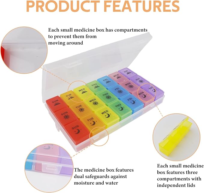 Weekly Pill Organizer 3 Times a Day, 7-Day Moisture-Proof Pill Box with 21 Compartments, Portable Travel Container for Vitamins Fish Oil Compartments Supplements(Color)