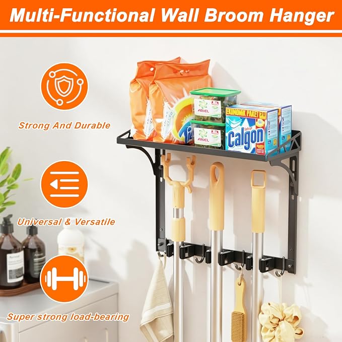 Broom Holder Wall Mount with Cleaning Supplies Organizer | Laundry Room Shelves, Mop Hanger Rack Gripper Hooks, Vacuum Organizer, Wall Hanging for Home Garage Kitchen