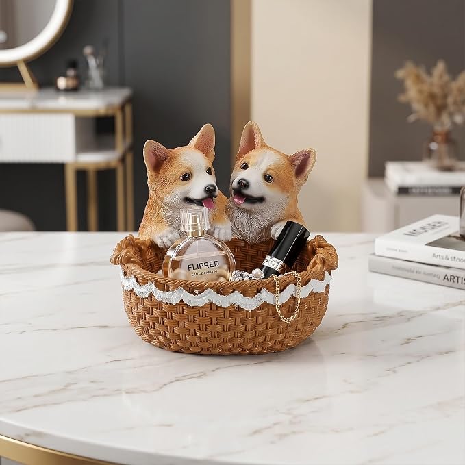 Resin Double Corgi Storage Basket, Decorative Catchall Tray for Keys & Candy, Desk Organizer Bowl for Home Office, Room Decor Accessories