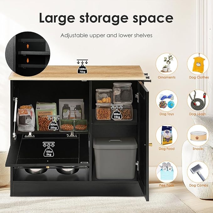 Pet Feeder Station Storage Cabinet, Hidden Pet Feeder Station with 2 Elevated Dog Bowls and Side Hooks, Large Pet Food Organizer Furniture for Feeding & Watering Supplies,
