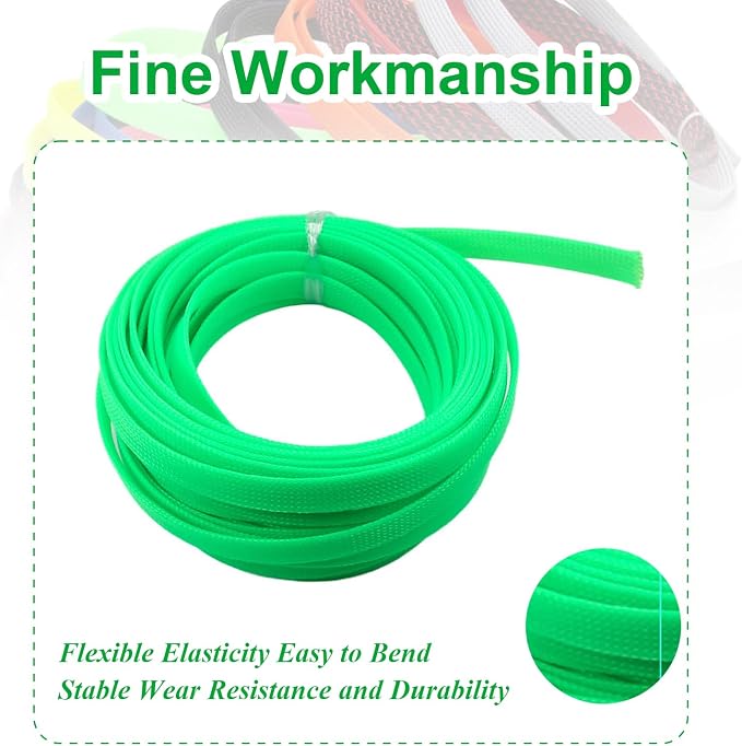 Heyiarbeit 10m/32.8ft PET Expandable Braid Cable Sleeving Flexible Wire Mesh Sleeve Fluorescent Green 12mm