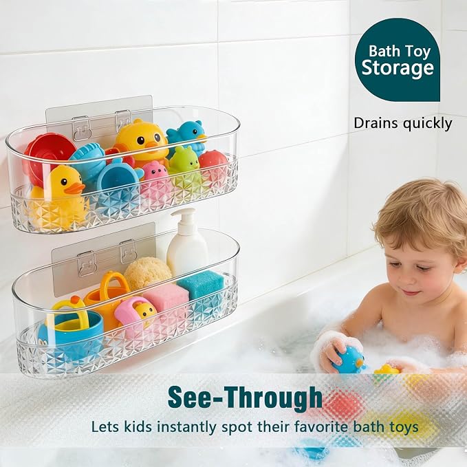 Bath Toy Storage Holder, Bathtub Organizer with Drain Holes, Clear 2 Pack | Large Capacity Clear safe Clear Adhesive Shower Caddy Resistance, No Rust, No Drill Plastic Wall Mounted shower caddy