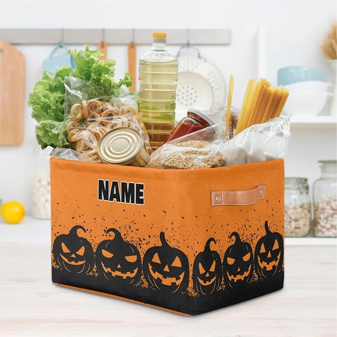 Custom Name Storage Bin, Personalized Rectangular Storage Basket with Handles for Organizing Boys Girls Toys Office Closet Shelf Baskets, Watercolor Orange Black Pumpkins Halloween