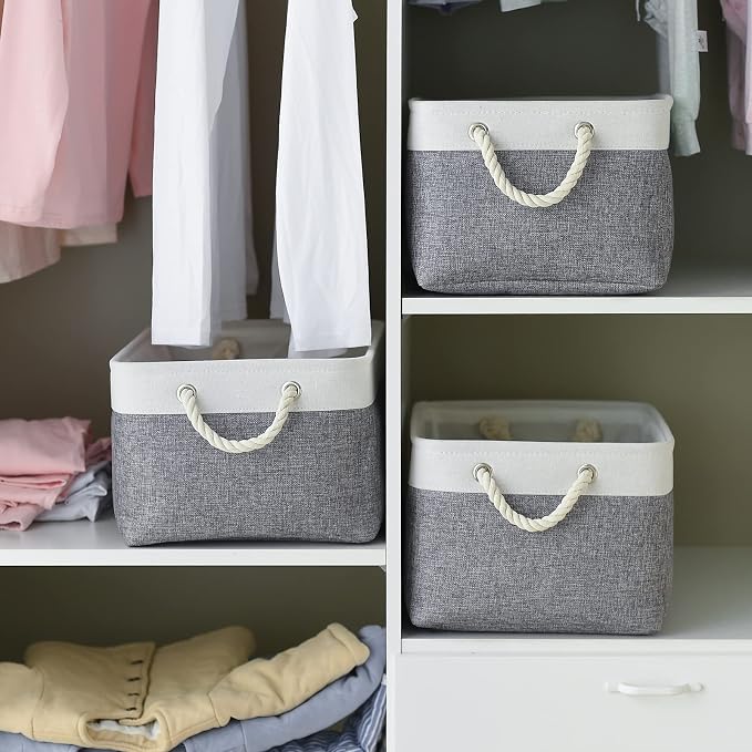 Organization and Storage Basket for Organizing- 16x12x8 inch 1 Pack Fabric Storage Cubes, Collapsible Storage Bins for Shelves Organizer Gift Closet Cloth Toy (White & Grey)