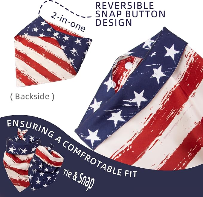 2-in-1 Vintage 4th of July Dog Bandana, Reversible American Flag Print American Flag Triangle Scarf Adjustable Snap Button Patriotic Neckwear for Giant Breeds 75lbs+