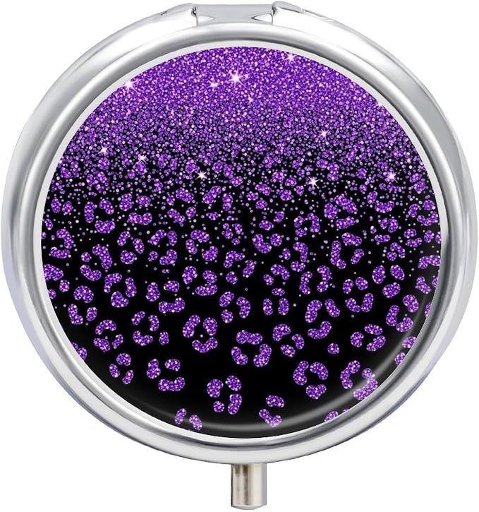 Mirror Top Round 3 Compartment Pill Box Pueple Glitter Cheetah Leopard Print Black, Cute Pill Organizer for Purse Pocket Vitamin Medicine