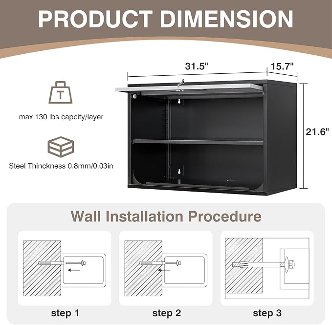 Metal Wall Cabinet with Locking Door and Shelf, Hanging Garage Cabinets with Up-Flip Doors for Garage, Warehouse, Home, Office, Assembly Required (Black Grey, One Cabinet)
