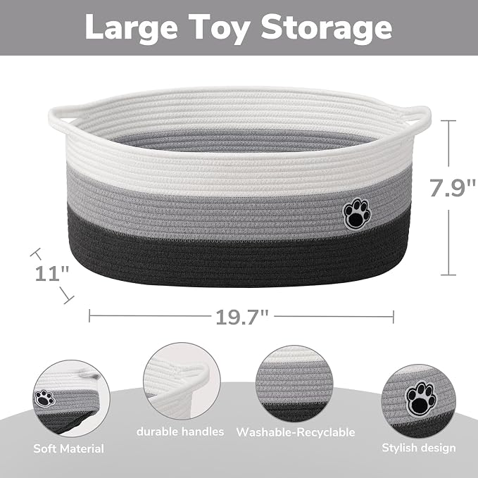 30L Large Woven Rope Dog Toy Basket with Paw Print, Mixed Grey | 19.7" x 11" x 7.9" Dog Toy Bin & Box with Handles, Storage Basket for Blankets Towels, Fits Living Room Nursery Bedroom