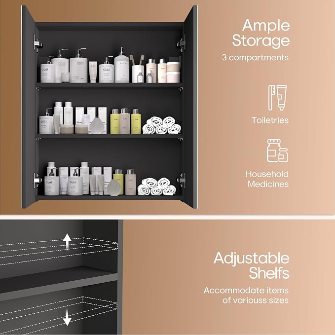 28x24 inch Bathroom Wall Cabinet, Saver Storage Cabinet, Medicine Cabinet with 2 Door and Adjustable Shelves, Black（Assembly Required）