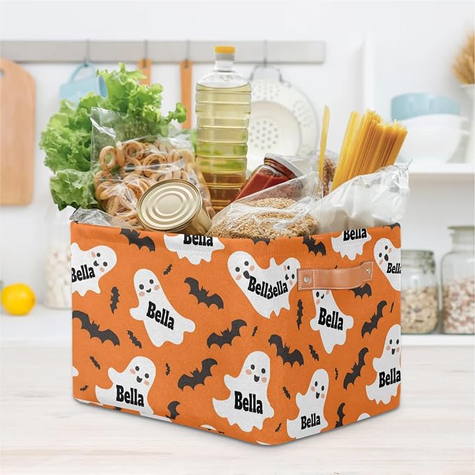 Personalized Storage Basket with Name, Halloween Ghost with Bat Orange Background Rectangle Toys Pet Dog Storage Bin with Handles for Baby, Boys, Girls, Collapsible Basket for Clothes, Books