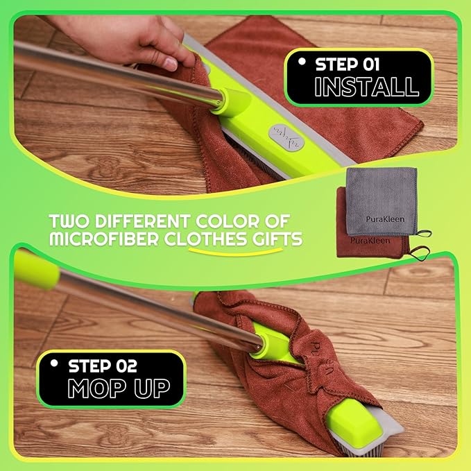 Rubber Broom for Pet Hair —Gets What Your Vacuum Misses,Non-Scratch Carpet Rake 24 "-61 "Adjustable Handle,4-in-1 (Squeegee+Pet Brush+2 Microfiber Cloth),Stairs,Corners, Rugs,Hardwood Green
