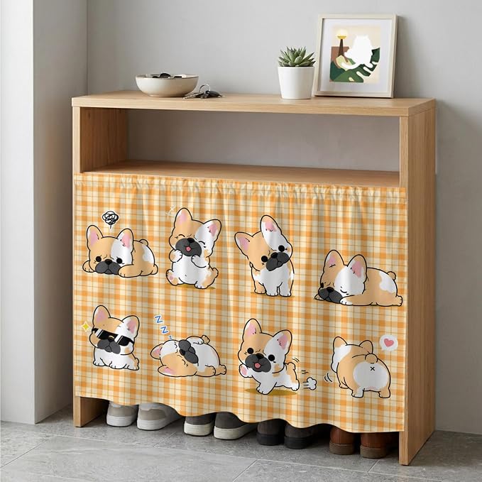Cute Puppy Cabinet Dishwasher Hidden Curtains, Privacy Closet Door Curtain, Orange Beige Plaid Modern Funny Dogs Pet Adhesive Dust Proof Under Sink Skirt for Bathroom Kitchen 35"x35"