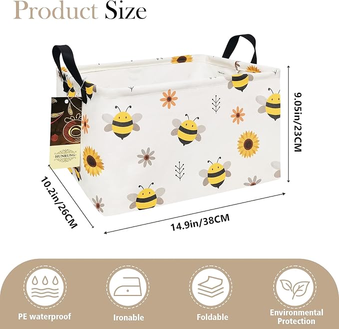 Rectangle Foldable Storage Basket Handles For Home, Bee | Waterproof canvas material, reinforced handles, perfect for shelf use, organizes clothes, daily items and pet supplies