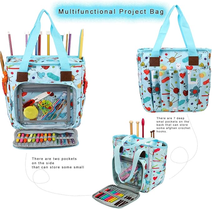 Yarn Knitting Storage Tote-Large Capacity Crochet Organizer Portable Travel Bag with Shoulder Strap Crochet Hooks Case for Unfinished Bulk Project
