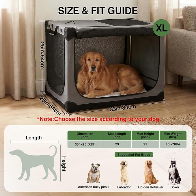 33 x 25 x 25 Inch Collapsible Soft Dog Crate for Dogs Up to 70 lbs, Portable Travel Pet Kennel with 4 Zip Doors, Foldable Indoor Outdoor Crate with Mat, Carry Bag, Grey